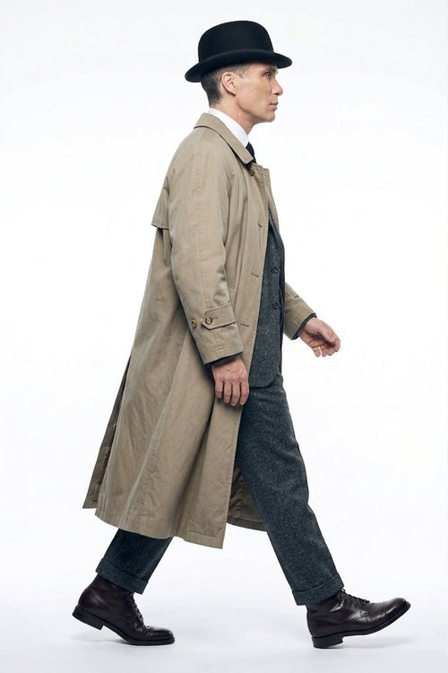Mens Beige Vintage Style Trenchcoat Overcoat + Suit + Hat β Classic Long Trench Coat Inspired by Peaky Blinders Formal 1920s Package