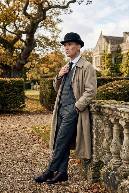 Mens Beige Vintage Style Trenchcoat Overcoat + Suit + Hat β Classic Long Trench Coat Inspired by Peaky Blinders Formal 1920s Package