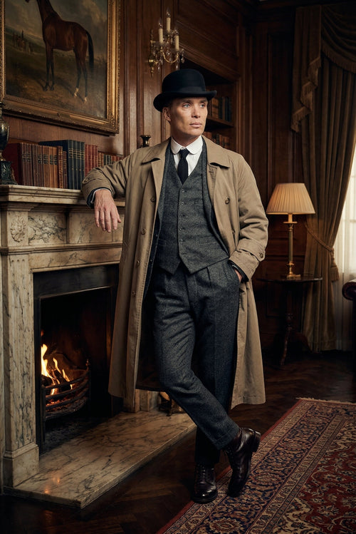Mens Beige Vintage Style Trenchcoat Overcoat + Suit + Hat β Classic Long Trench Coat Inspired by Peaky Blinders Formal 1920s Package