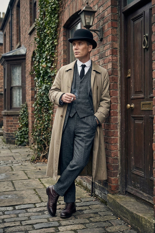 Mens Beige Vintage Style Trenchcoat Overcoat + Suit + Hat β Classic Long Trench Coat Inspired by Peaky Blinders Formal 1920s Package