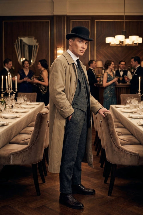 Mens Beige Vintage Style Trenchcoat Overcoat + Suit + Hat β Classic Long Trench Coat Inspired by Peaky Blinders Formal 1920s Package