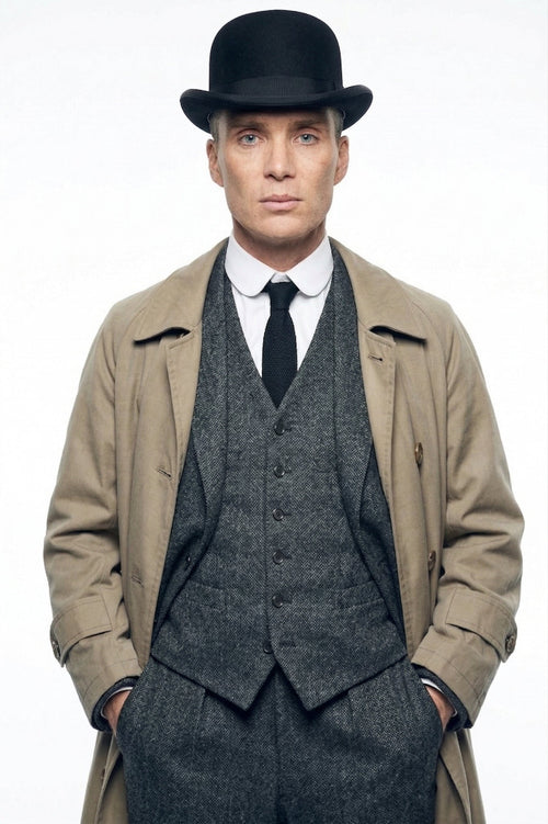Mens Beige Vintage Style Trenchcoat Overcoat + Suit + Hat β Classic Long Trench Coat Inspired by Peaky Blinders Formal 1920s Package