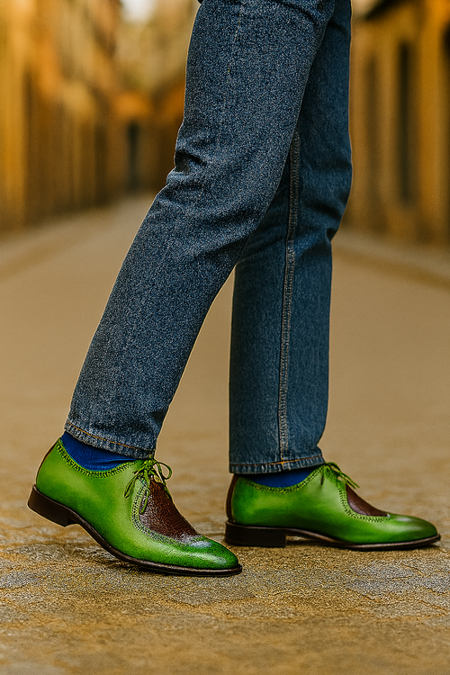 Men's Belvedere Etore Hand Painted Calf & Ostrich Leg Wingtip Dress Shoe in Green & Burgundy