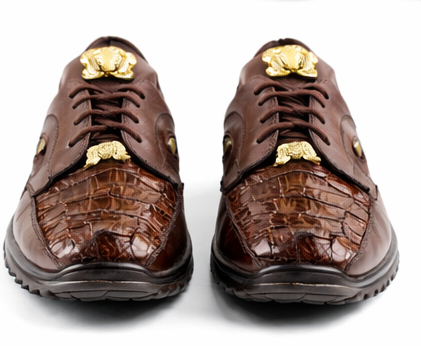 Men's Belvedere Vasco Calf & Crocodile Hornback Tail Sneaker in Tabac Brown