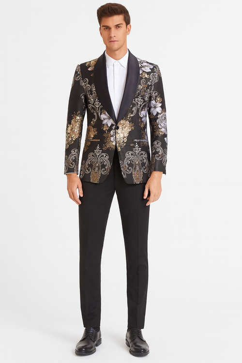 Men’s Black and Gold and Silver Floral Jacquard Blazer with Satin Shawl Lapel Tuxedo Suit With Black Pants with Bowtie by USA Men's Outlet