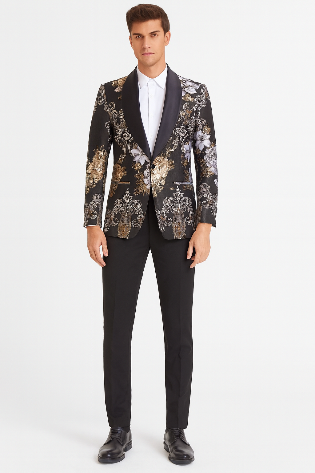 Men’s Black and Gold and Silver Floral Jacquard Blazer with Satin Shawl Lapel Tuxedo Suit With Black Pants with Bowtie