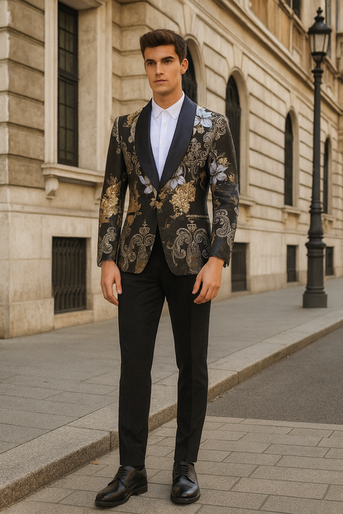 Men’s Black and Gold and Silver Floral Jacquard Blazer with Satin Shawl Lapel Tuxedo Suit With Black Pants with Bowtie by USA Men's Outlet