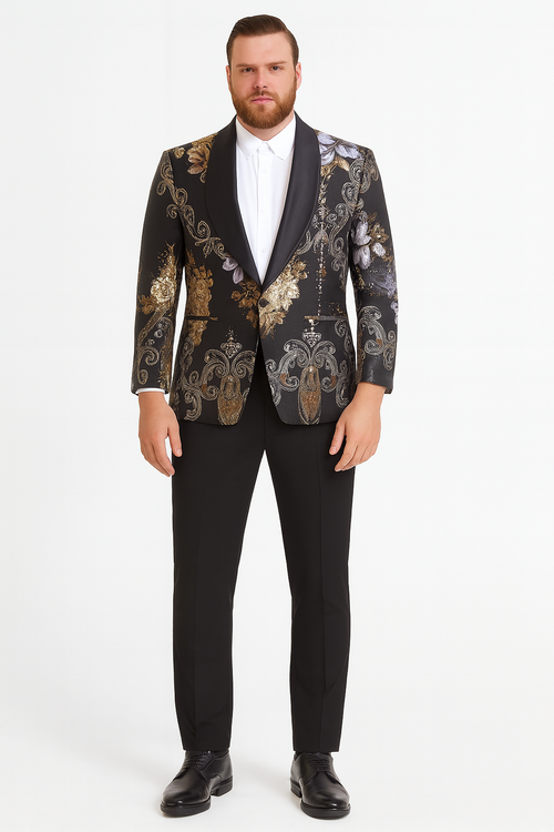 Men’s Black and Gold and Silver Floral Jacquard Blazer with Satin Shawl Lapel Tuxedo Suit With Black Pants with Bowtie by USA Men's Outlet