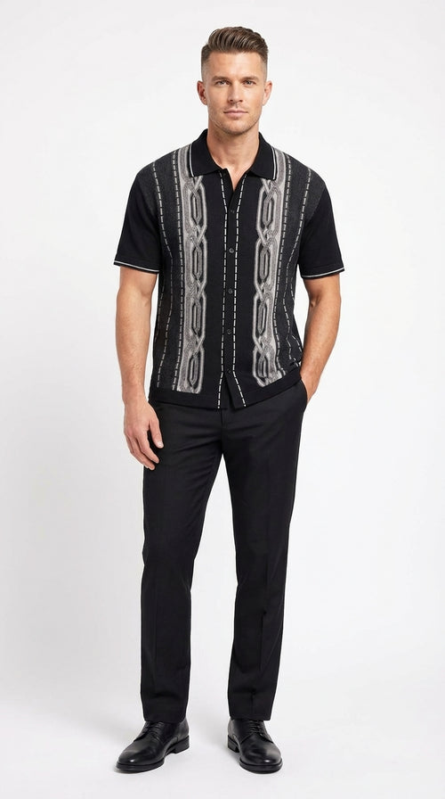 Mens Black and Gray Pattern Walking Suit Set – Short Sleeve Knit Shirt and Pants Casual Outfit for Summer, Travel and Everyday Wear