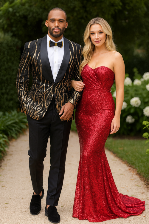 Black Prom Tuxedo Suit - Black Wedding Suit - Mens Square Shawl Lapel Black & Gold Sequin Prom Tuxedo Jacket