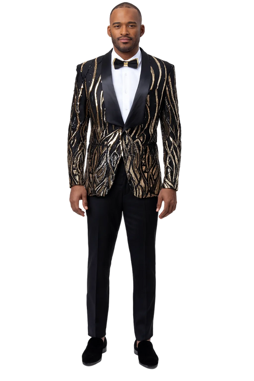 Black Prom Tuxedo Suit - Black Wedding Suit - Mens Square Shawl Lapel Black & Gold Sequin Prom Tuxedo Jacket