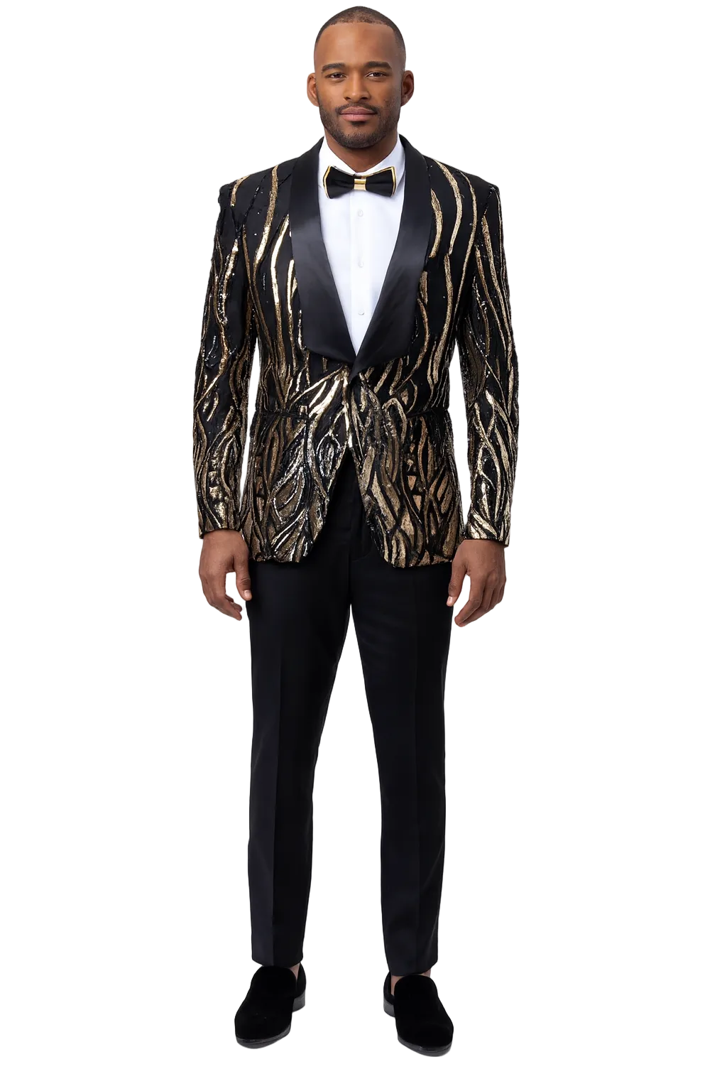 Black Prom Tuxedo Suit - Black Wedding Suit - Mens Square Shawl Lapel Black & Gold Sequin Prom Tuxedo Jacket