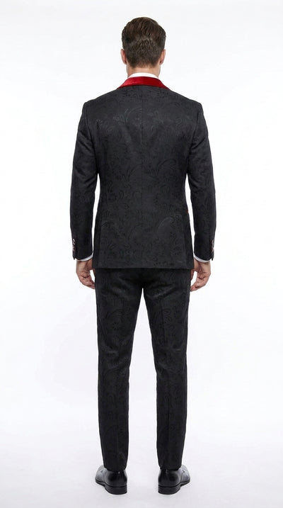 Men’s Black Paisley Tuxedo with Red Velvet Shawl Lapel – 3 Piece Wedding Prom Suit