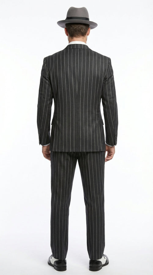Mens Black Pinstripe AI Capone Suit – Vintage 1920s Gangster Style Three Piece Formal Suit