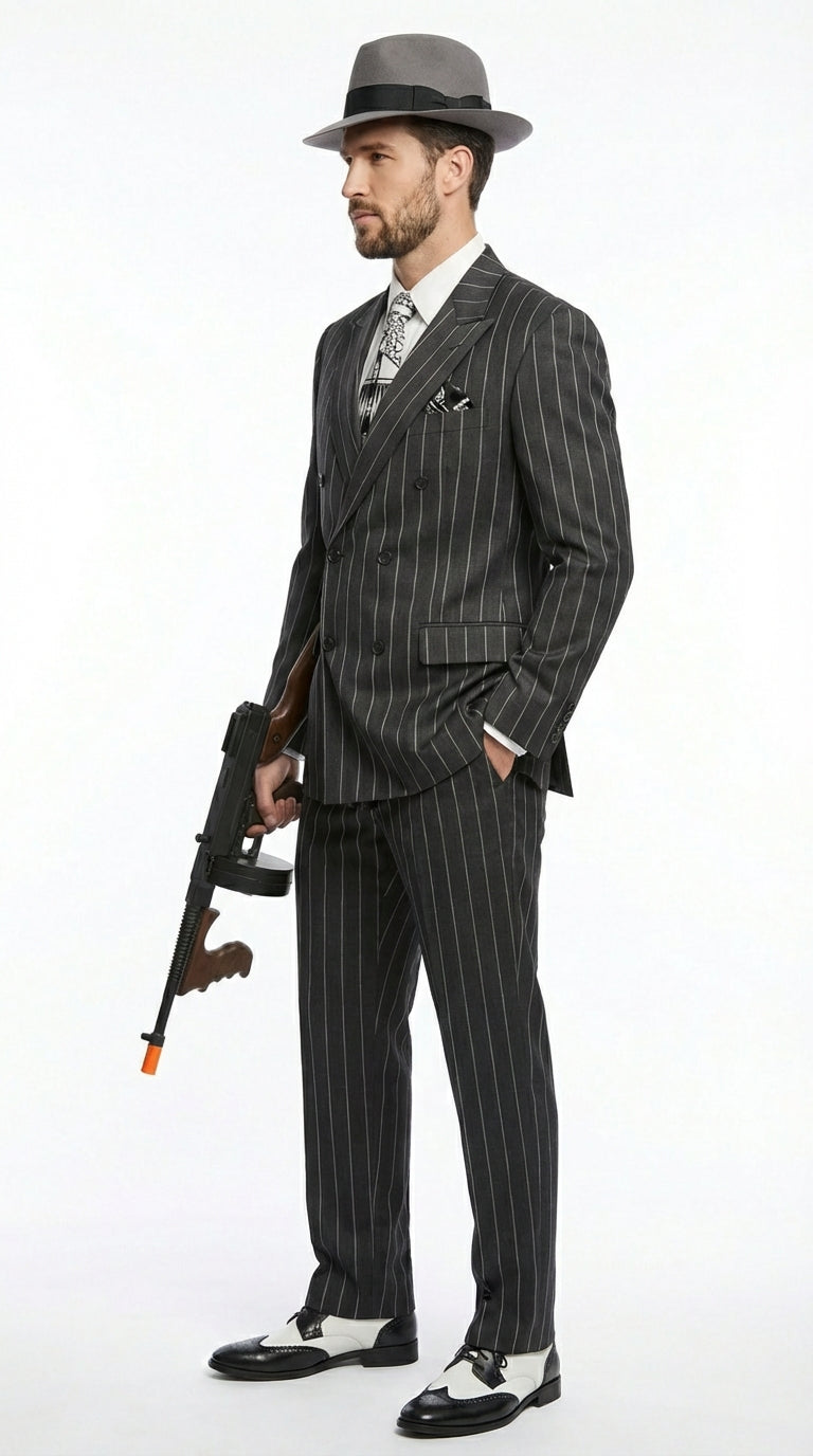 Mens Black Pinstripe AI Capone Suit – Vintage 1920s Gangster Style Three Piece Formal Suit