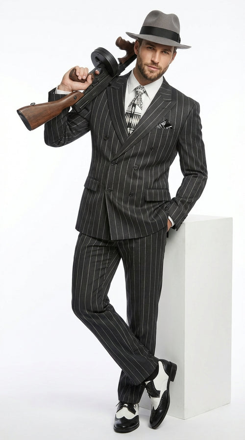 Mens Black Pinstripe AI Capone Suit – Vintage 1920s Gangster Style Three Piece Formal Suit