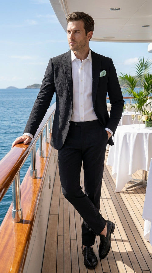 Mens Black Seersucker Suit β Shadow Ton on Ton Mini Textured Two Button Cotton Fabric Formal Summer Suit