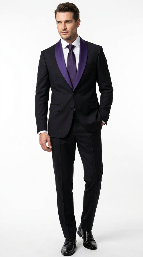 Mens Black Suit with Purple Lapel β Elegant Formal Tuxedo Style Suit for Wedding, Prom, Party and Evening Wear