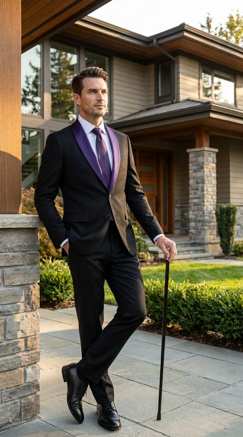 Mens Black Suit with Purple Lapel β Elegant Formal Tuxedo Style Suit for Wedding, Prom, Party and Evening Wear