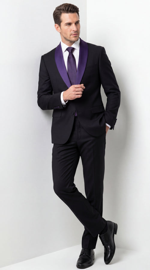 Mens Black Suit with Purple Lapel β Elegant Formal Tuxedo Style Suit for Wedding, Prom, Party and Evening Wear