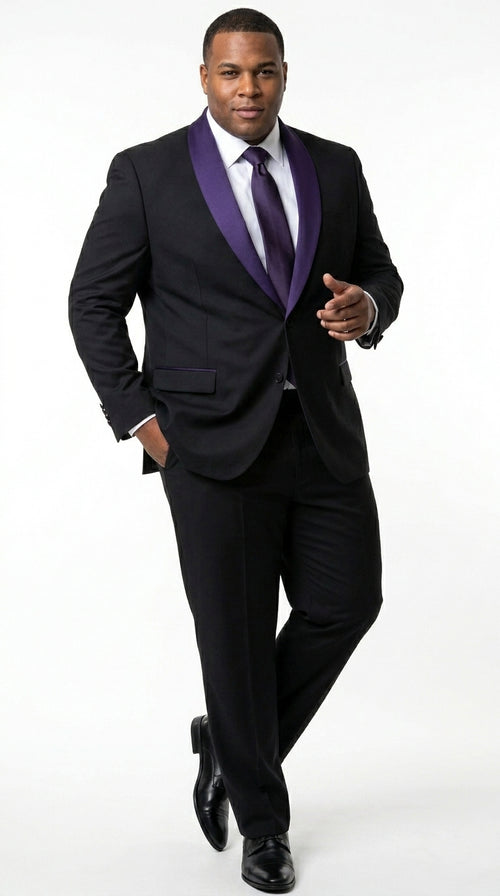 Mens Black Suit with Purple Lapel β Elegant Formal Tuxedo Style Suit for Wedding, Prom, Party and Evening Wear