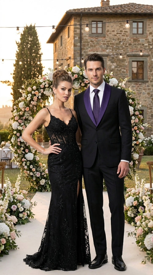 Mens Black Suit with Purple Lapel β Elegant Formal Tuxedo Style Suit for Wedding, Prom, Party and Evening Wear