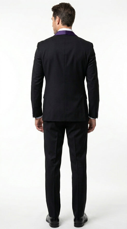 Mens Black Suit with Purple Lapel β Elegant Formal Tuxedo Style Suit for Wedding, Prom, Party and Evening Wear