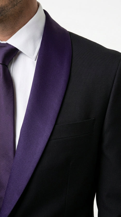 Mens Black Suit with Purple Lapel β Elegant Formal Tuxedo Style Suit for Wedding, Prom, Party and Evening Wear
