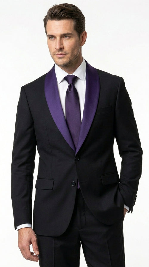 Mens Black Suit with Purple Lapel β Elegant Formal Tuxedo Style Suit for Wedding, Prom, Party and Evening Wear