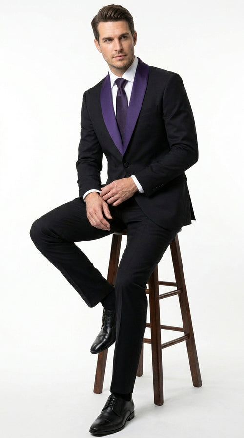 Mens Black Suit with Purple Lapel β Elegant Formal Tuxedo Style Suit for Wedding, Prom, Party and Evening Wear