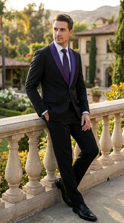 Mens Black Suit with Purple Lapel β Elegant Formal Tuxedo Style Suit for Wedding, Prom, Party and Evening Wear