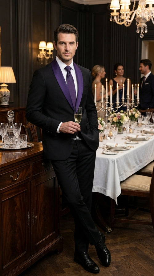 Mens Black Suit with Purple Lapel β Elegant Formal Tuxedo Style Suit for Wedding, Prom, Party and Evening Wear