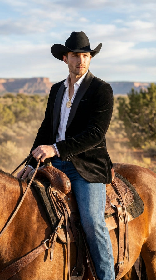 Mens Black Velvet Cowboy Blazer β Western Formal Jacket with Satin Lapel