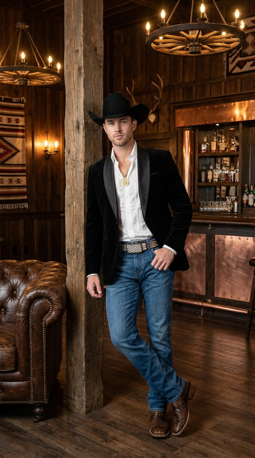 Mens Black Velvet Cowboy Blazer β Western Formal Jacket with Satin Lapel
