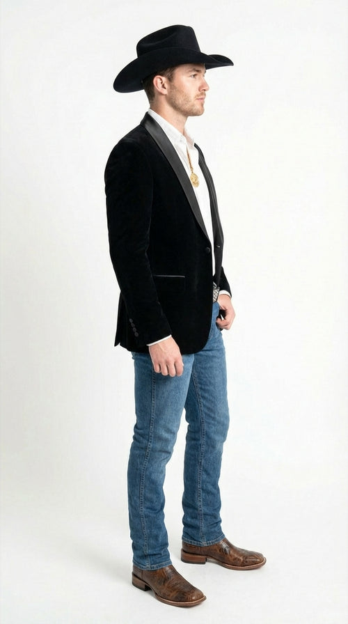 Mens Black Velvet Cowboy Blazer β Western Formal Jacket with Satin Lapel