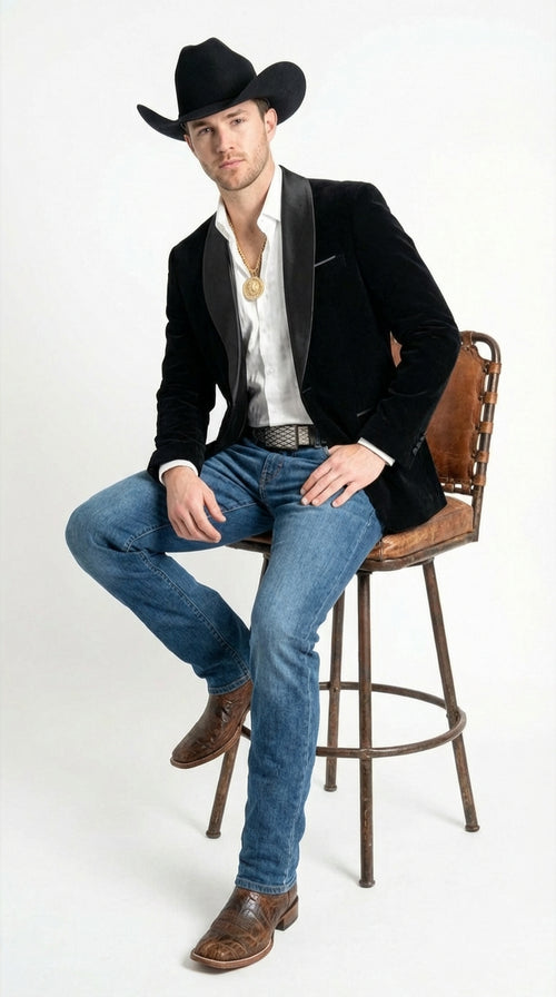 Mens Black Velvet Cowboy Blazer β Western Formal Jacket with Satin Lapel