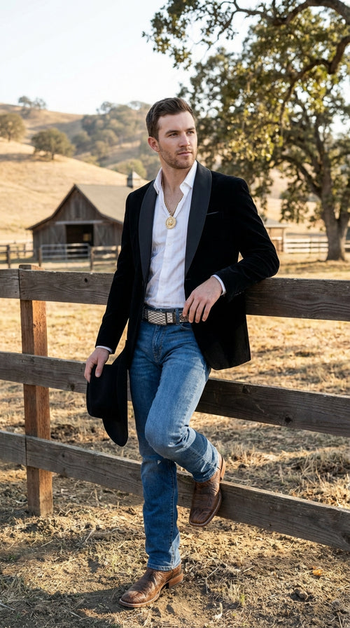 Mens Black Velvet Cowboy Blazer β Western Formal Jacket with Satin Lapel