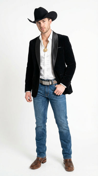Mens Black Velvet Cowboy Blazer – Western Formal Jacket with Satin Lapel