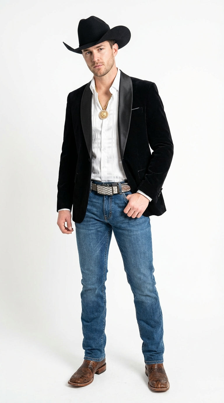 Mens Black Velvet Cowboy Blazer β Western Formal Jacket with Satin Lapel