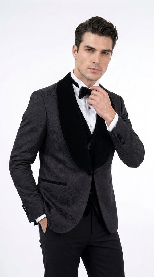 Men’s Black With Velvet collar 3 Piece Tuxedo Suit – Floral Jacquard Dinner Jacket with Vest and Bowtie