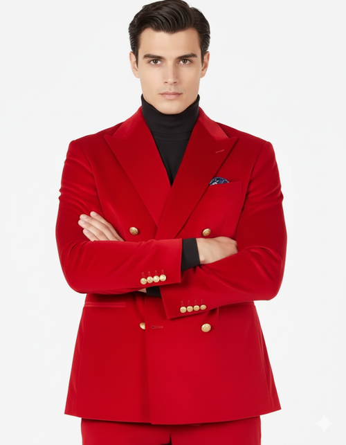Mens Blazer - Six Button Color Velvet Blazer - Red Double Breasted Blazer by Men's Tuxedo USA