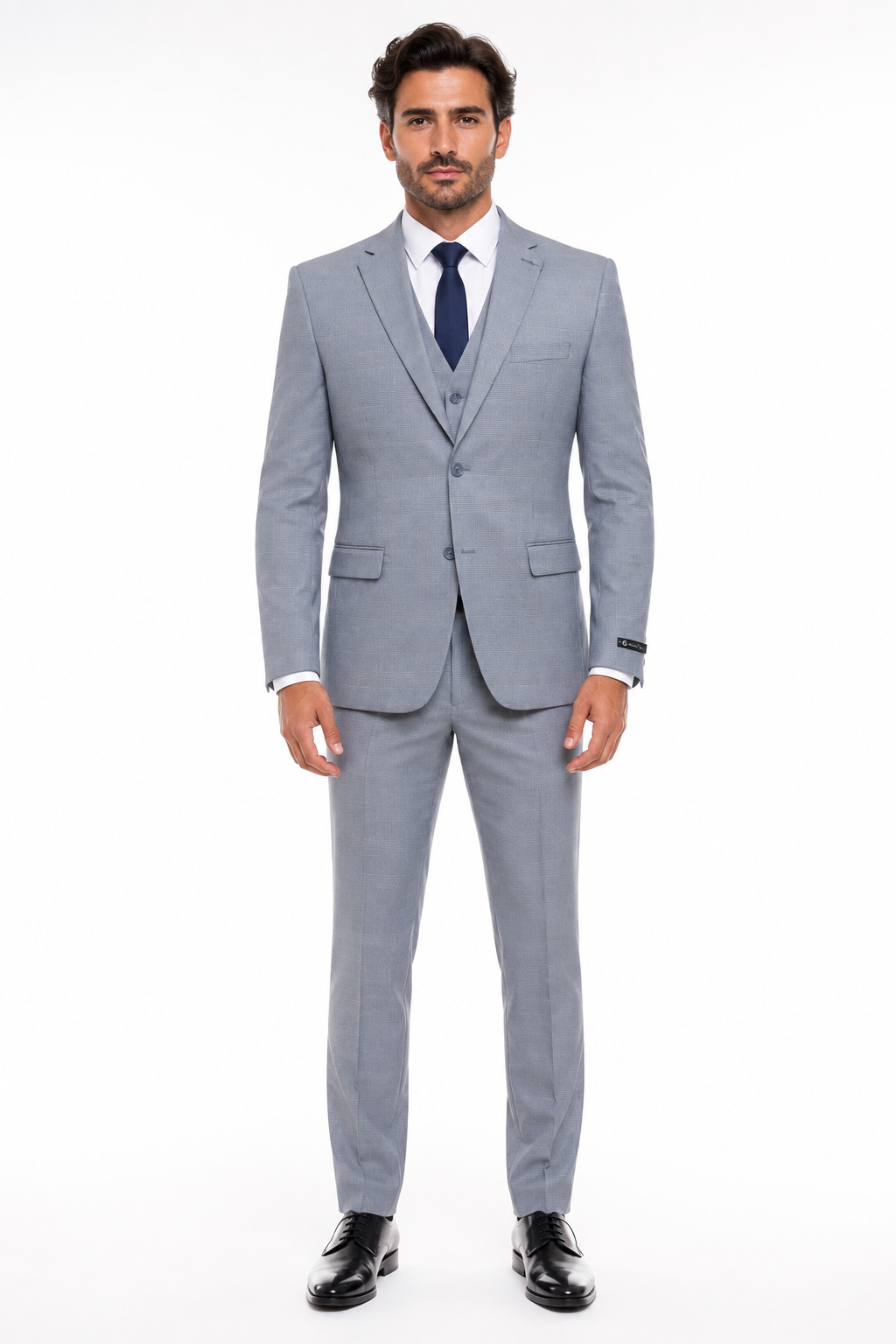 Men’s Blue Plaid 3-Piece Tailored Fit Suit with Vest