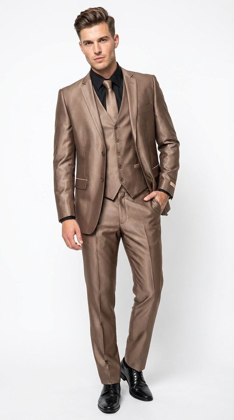 Men’s Bronze Brown Mocco 3 Piece Suit – Modern Formal Suit Set for Wedding, Prom and Business Events Light Brown Coffee Dark Tan – SuitUSA