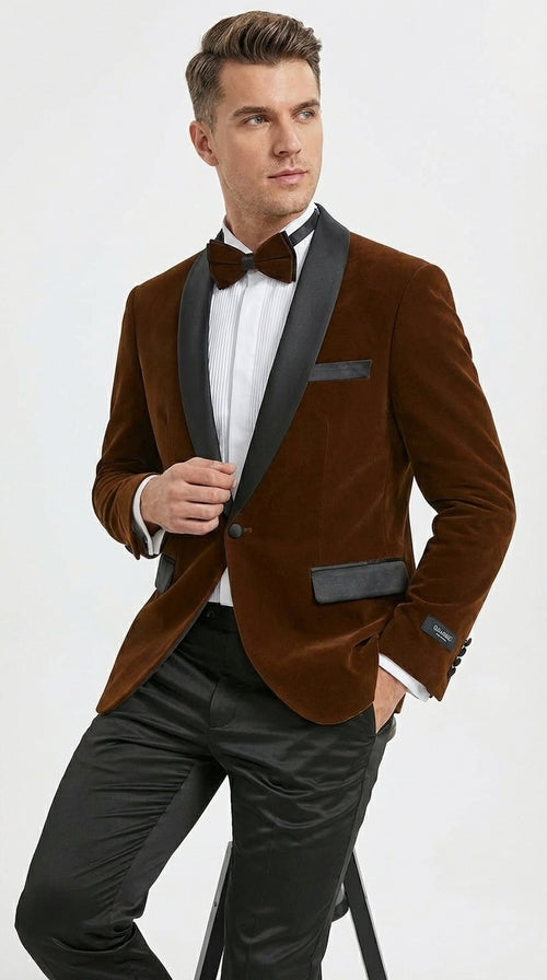 Mens Brown Velvet Tuxedo Jacket – Luxury Black Lapel Velvet Blazer for Wedding, Prom and Formal Events