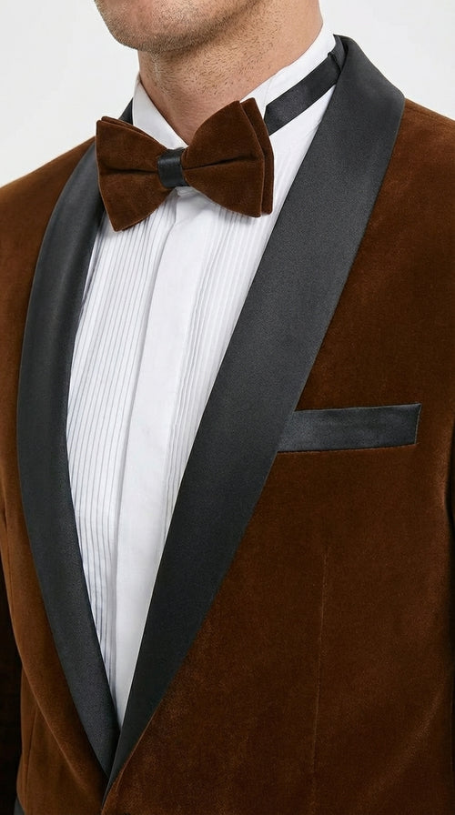Mens Brown Velvet Tuxedo Jacket – Luxury Black Lapel Velvet Blazer for Wedding, Prom and Formal Events