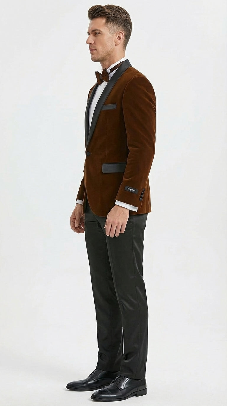 Mens Brown Velvet Tuxedo Jacket – Luxury Black Lapel Velvet Blazer for Wedding, Prom and Formal Events