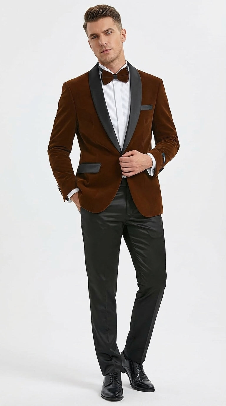 Mens Brown Velvet Tuxedo Jacket – Luxury Black Lapel Velvet Blazer for Wedding, Prom and Formal Events – SuitUSA