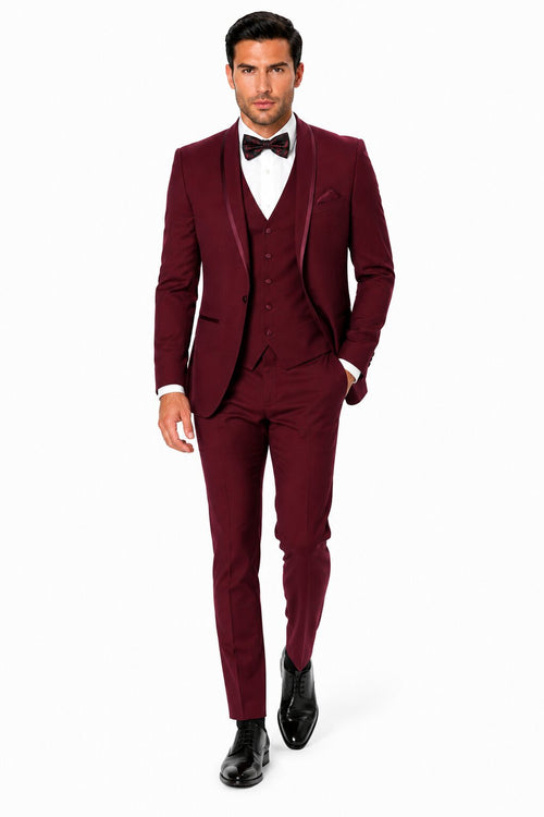 Maroon Prom Suit - Maroon Prom Tuxedo Suits - Maroon Wedding Tuxedo Mens One Button Satin Trim Shawl Tuxedo in Burgundy Wool by PROMTUXEDO