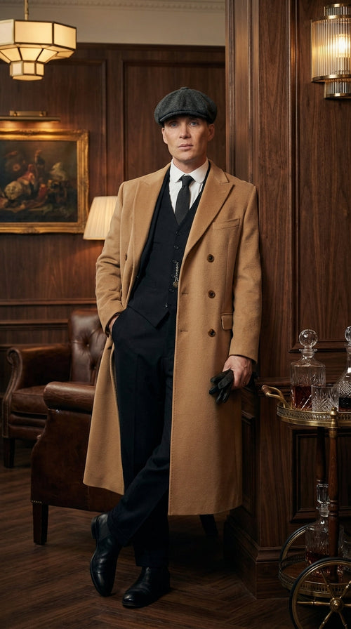 Mens Camel Brown Double Breasted Wool Overcoat + Suit β Peaky Blinders Inspired Vintage Long Trench Coat with Lapel Collar