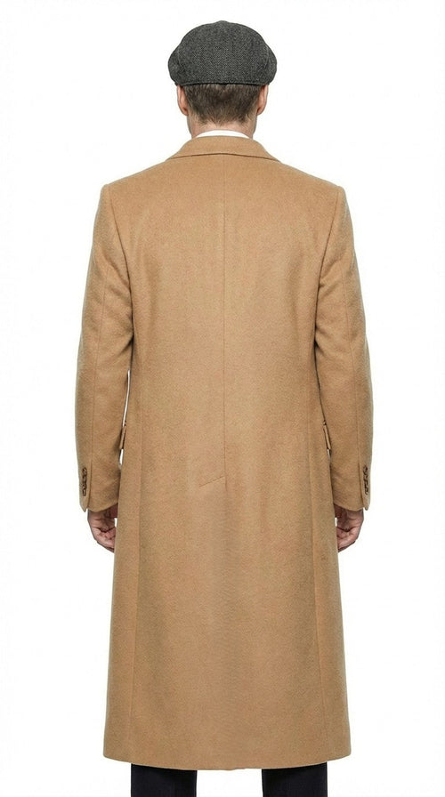 Mens Camel Brown Double Breasted Wool Overcoat + Suit β Peaky Blinders Inspired Vintage Long Trench Coat with Lapel Collar